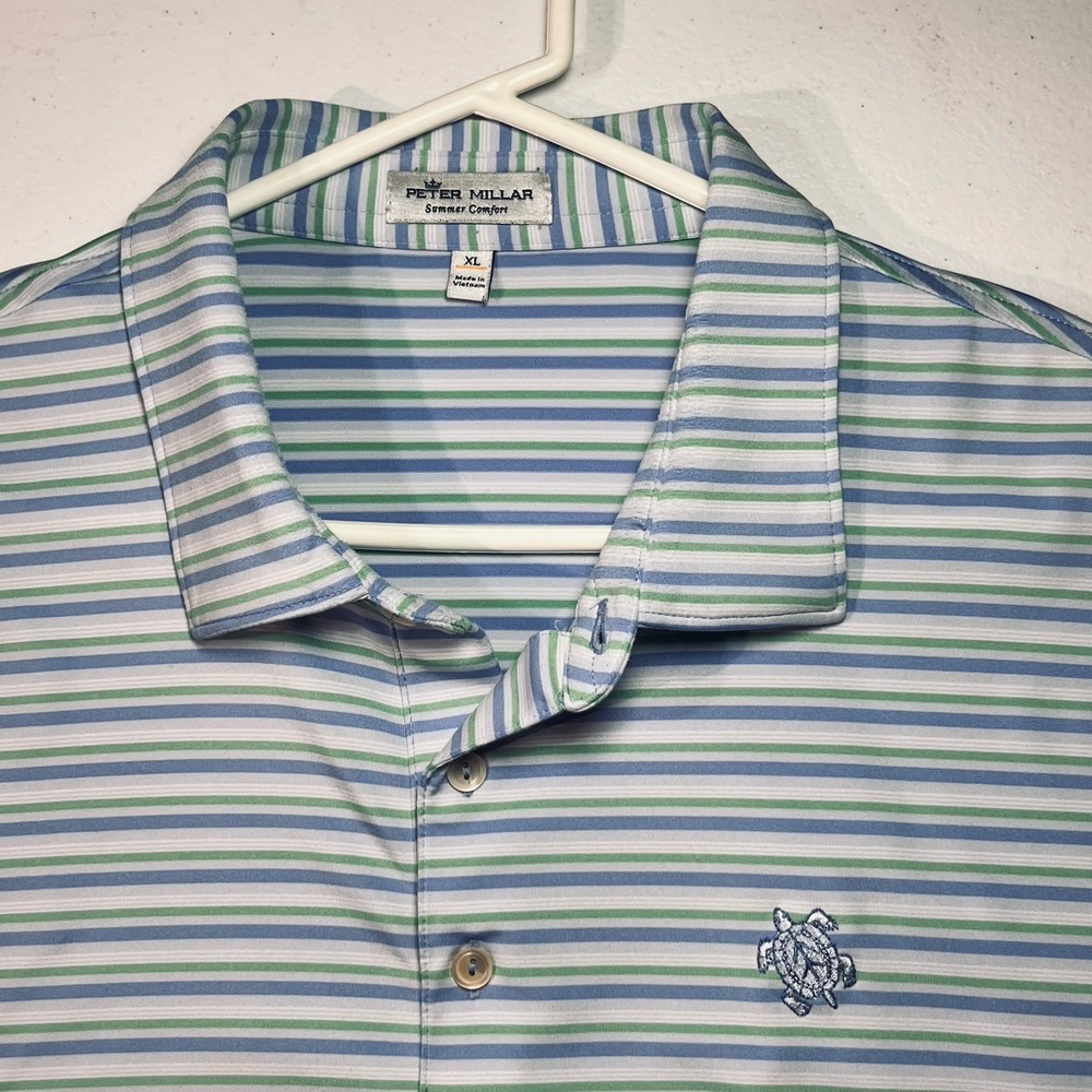 Peter Millar Men's Summer Comfort Polo Size XL Striped Print Turtle Golf EUC
